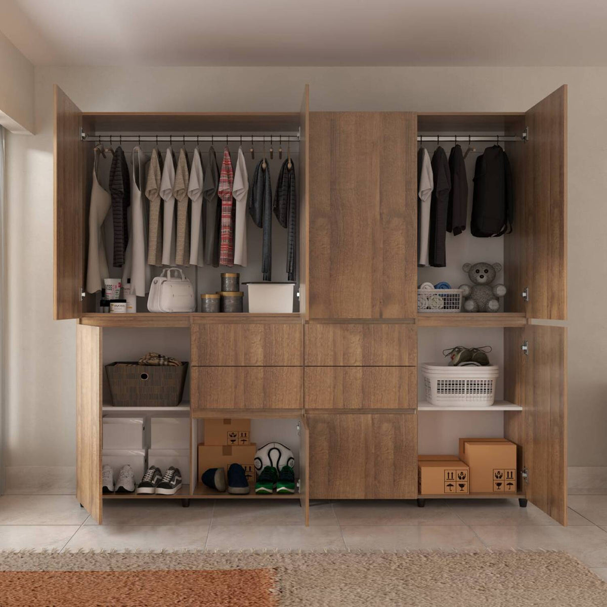 Armario amaretto 230x200 cm en MDF con 4 cajones y zapatero