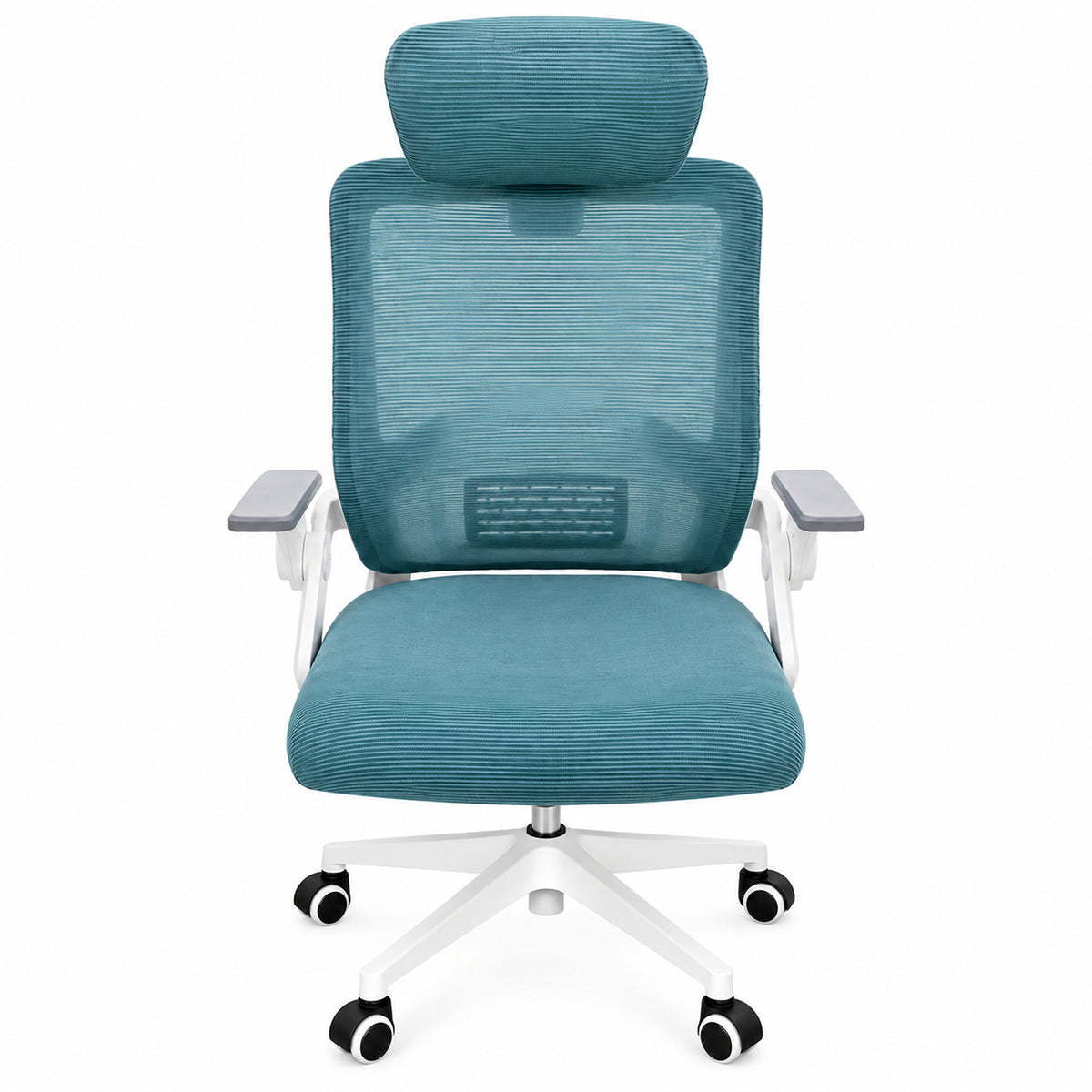 Silla de oficina ergonómica azul aguamarina con cabecero y soporte lumbar 59x92 cm