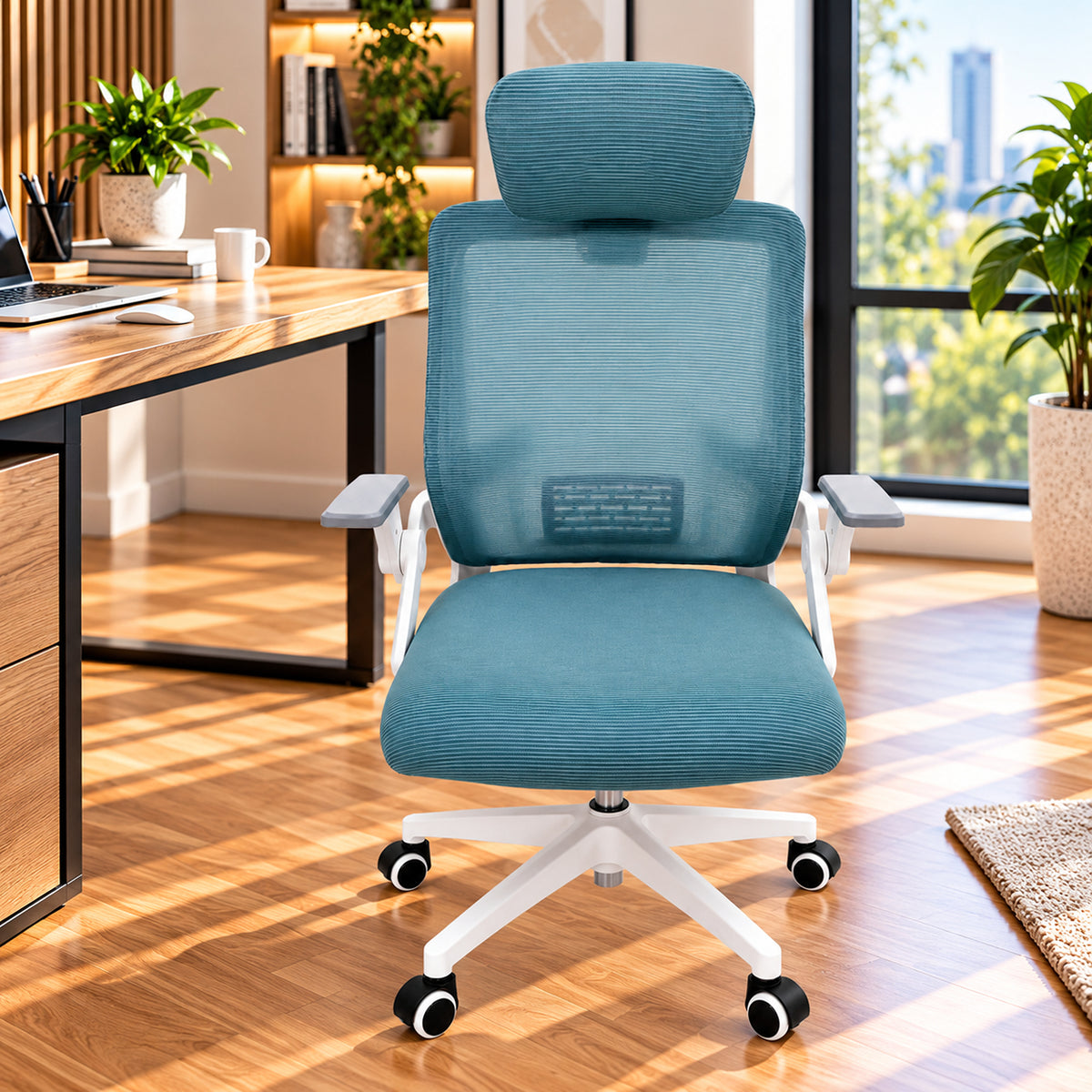 Silla de oficina ergonómica azul aguamarina con cabecero y soporte lumbar 59x92 cm