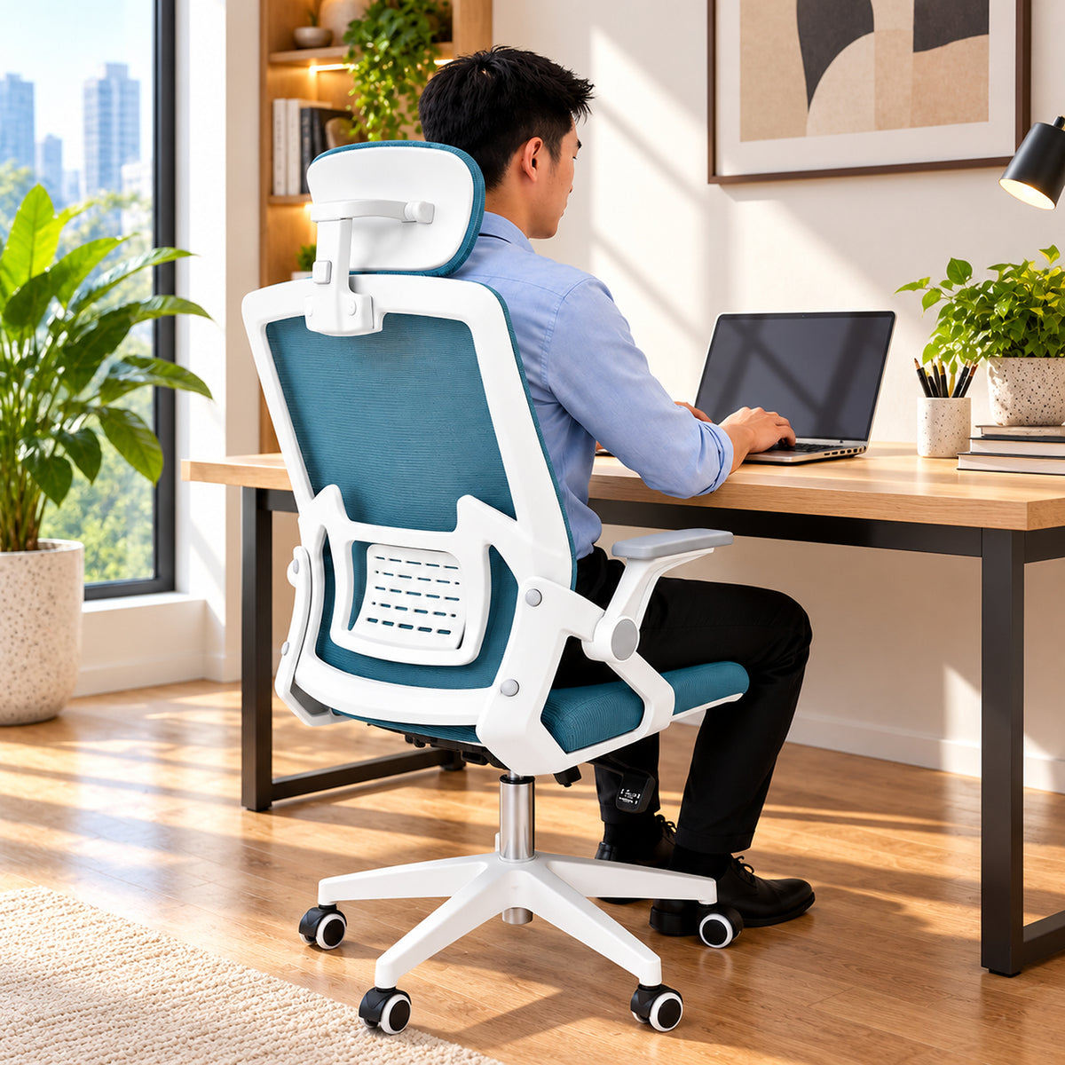 Silla de oficina ergonómica azul aguamarina con cabecero y soporte lumbar 59x92 cm