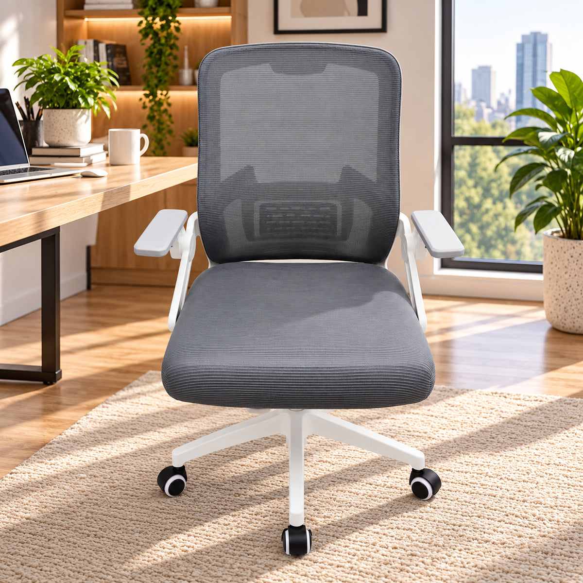 Silla de oficina azul aguamarina ergonómica en malla con brazos abatibles 59x92 cm