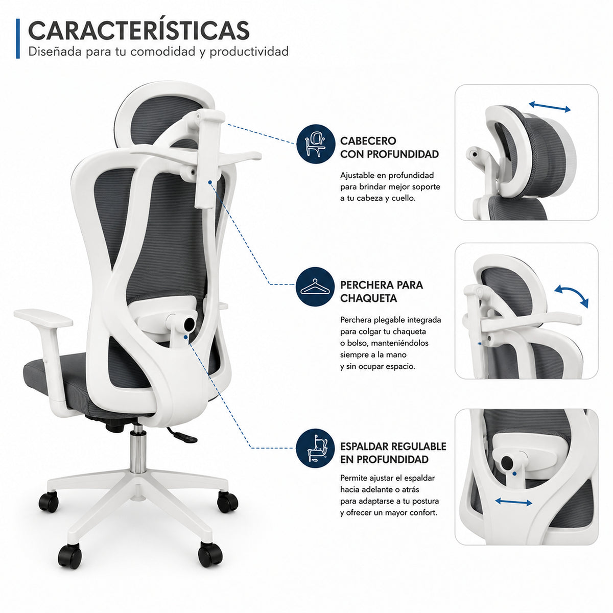 Silla de oficina azul aguamarina en malla con cabecero ajustable y ruedas 65x120 cm