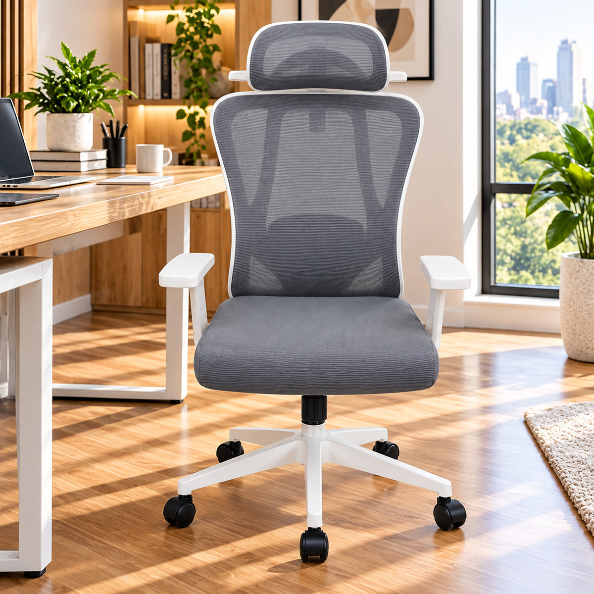 Silla de oficina azul aguamarina en malla con cabecero ajustable y ruedas 65x120 cm