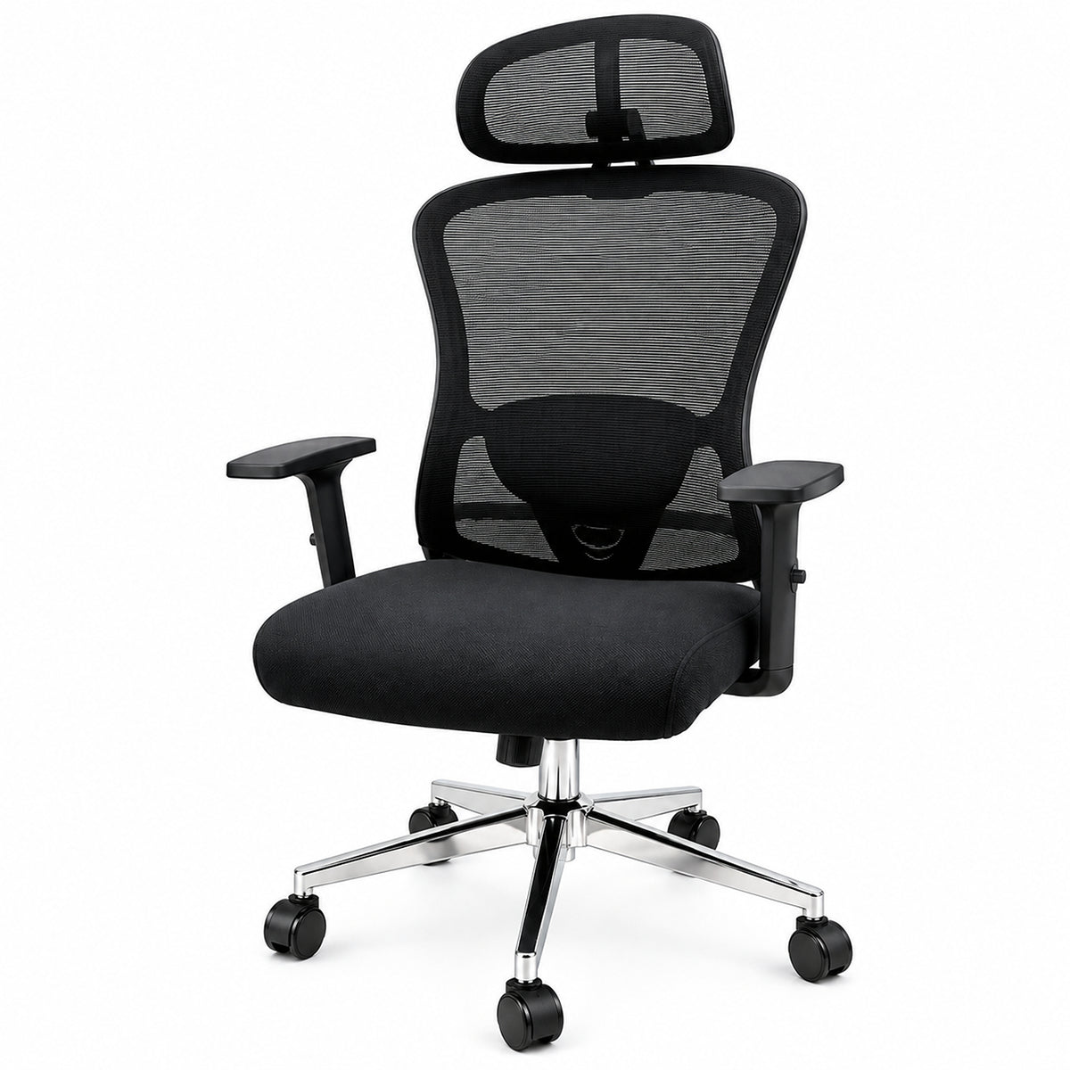 Silla de oficina ergonómica negra con cabecero y soporte lumbar 65x120 cm