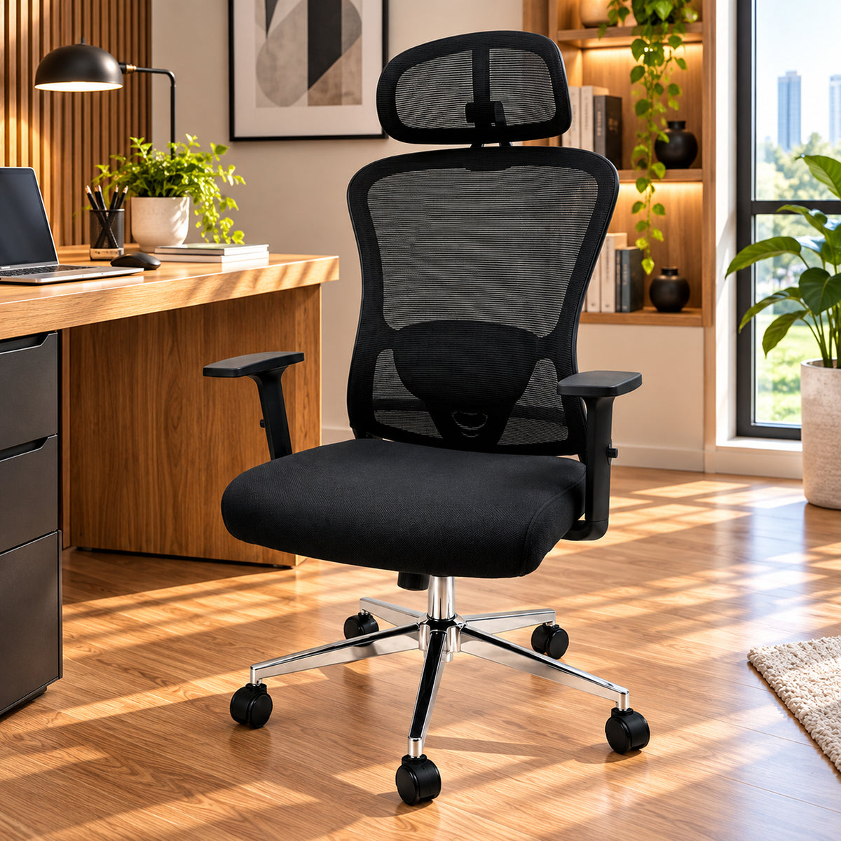 Silla de oficina ergonómica negra con cabecero y soporte lumbar 65x120 cm