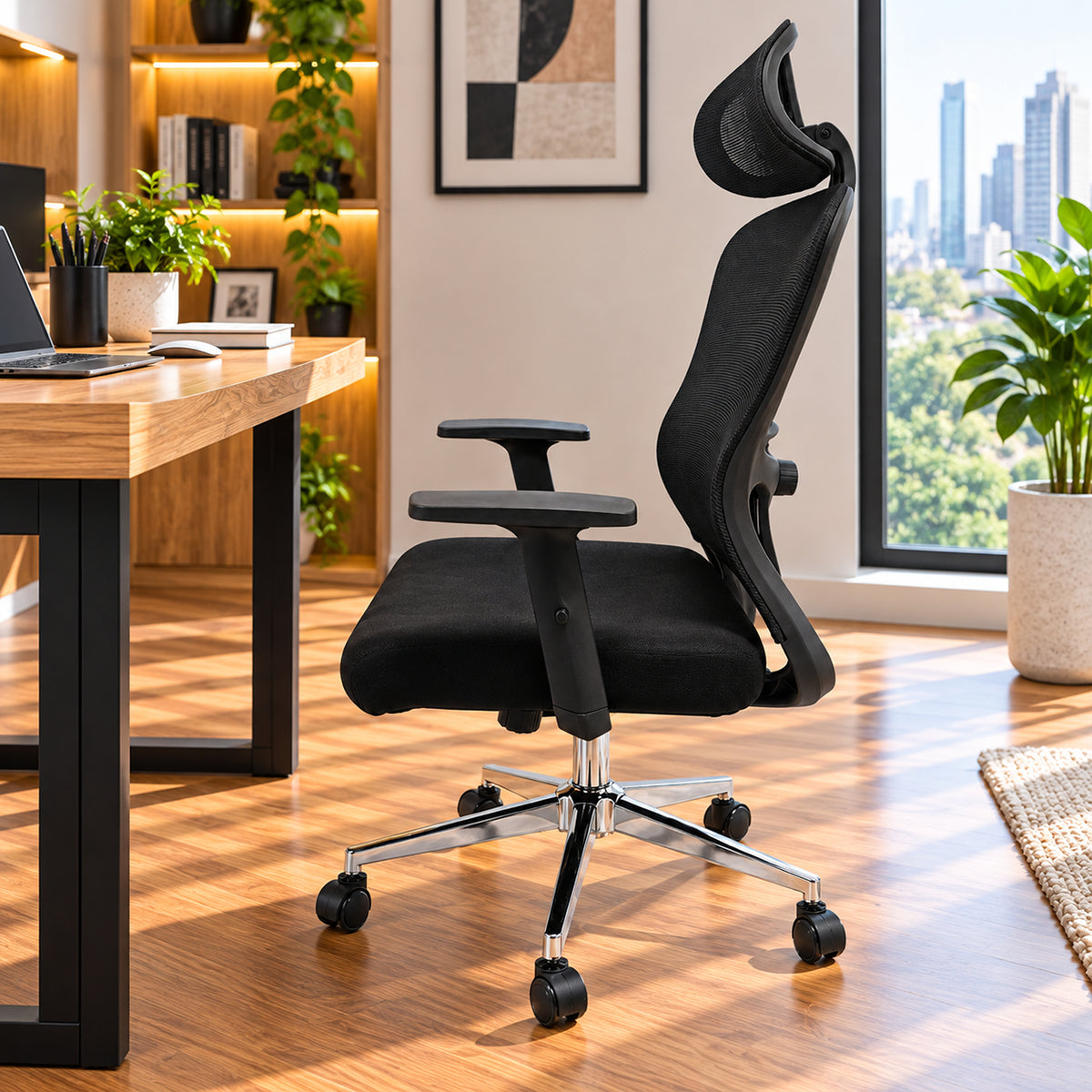 Silla de oficina ergonómica negra con cabecero y soporte lumbar 65x120 cm