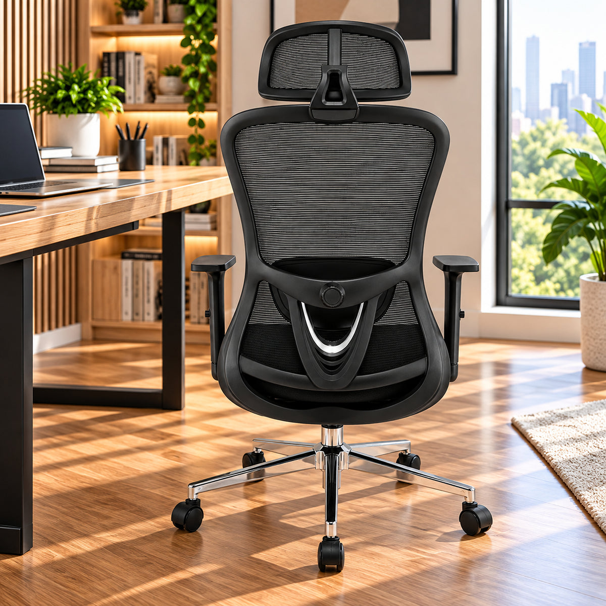 Silla de oficina ergonómica negra con cabecero y soporte lumbar 65x120 cm