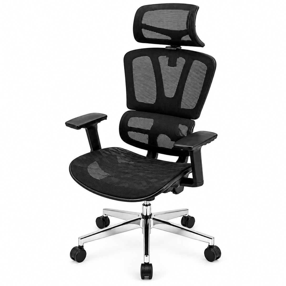 Silla de oficina ergonómica negra en malla con cabecero y brazos 3D 65x120cm