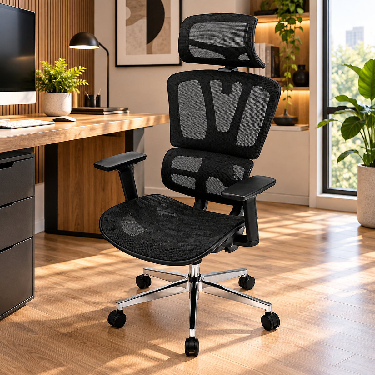 Silla de oficina ergonómica negra en malla con cabecero y brazos 3D 65x120cm