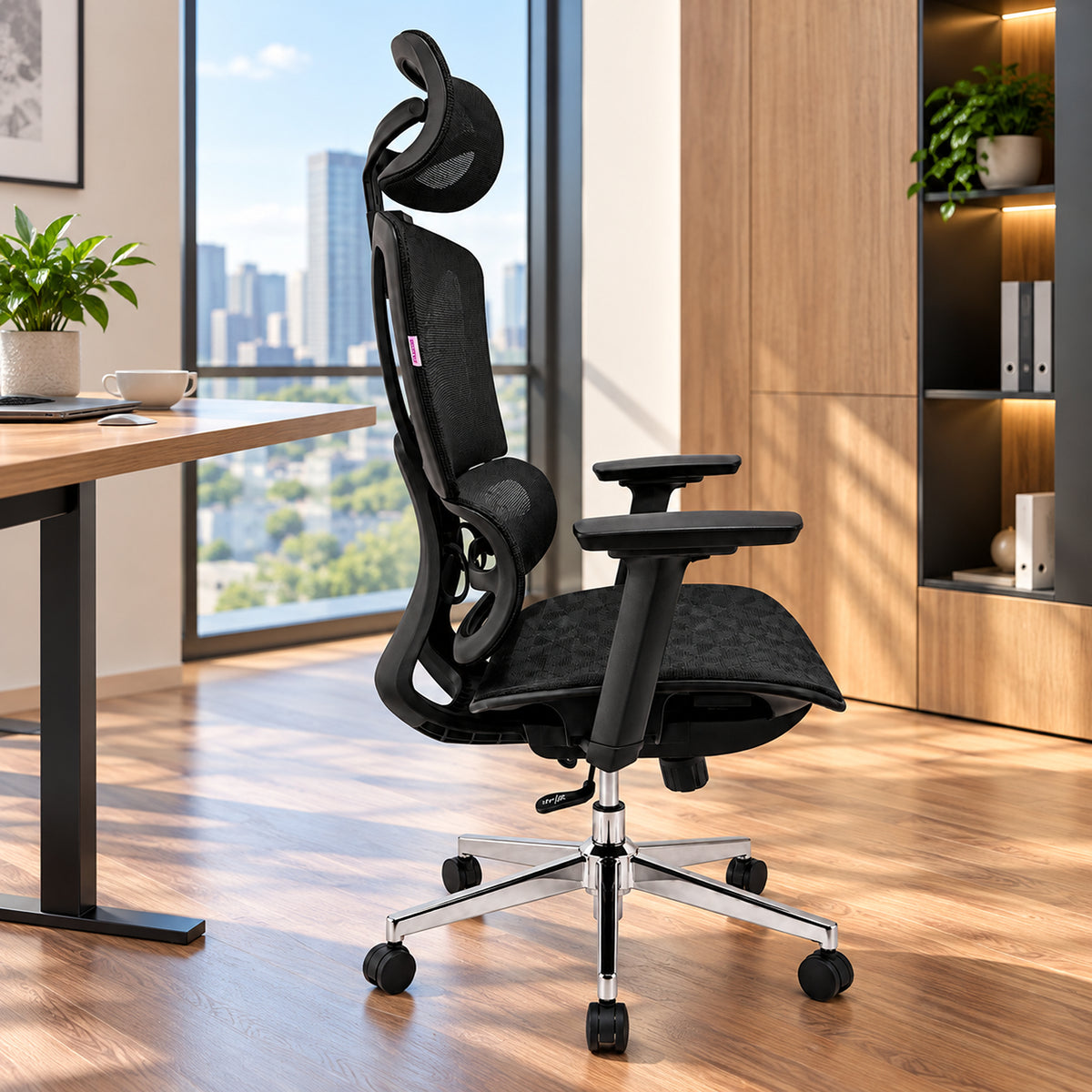 Silla de oficina ergonómica negra en malla con cabecero y brazos 3D 65x120cm