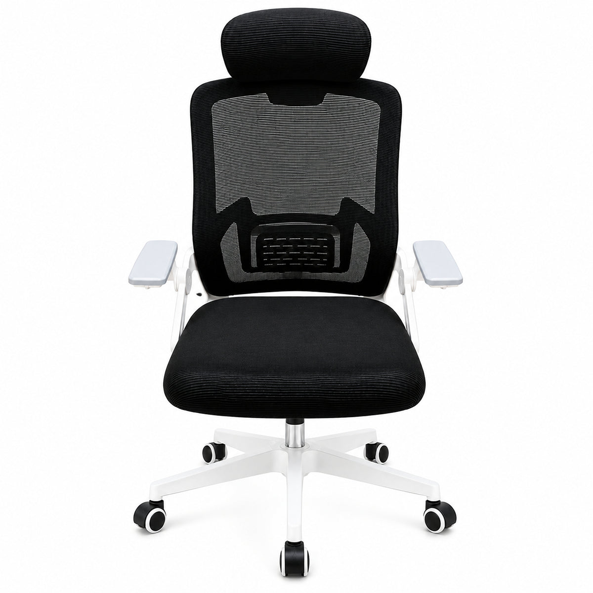 Silla de oficina ergonómica negra y blanca en malla con cabecero y ruedas 59x92cm