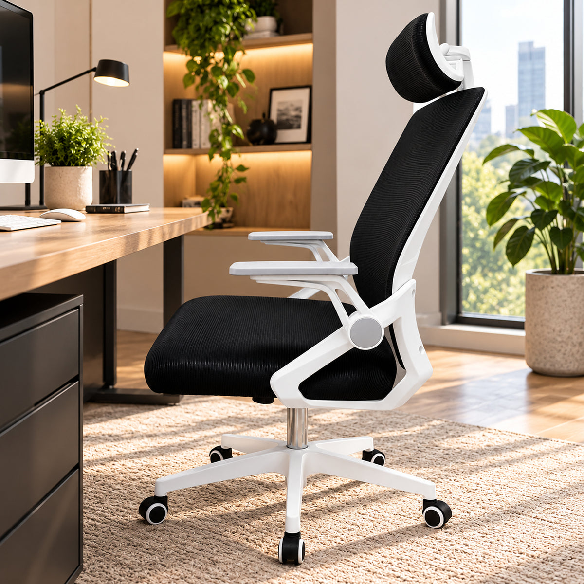 Silla de oficina ergonómica negra y blanca en malla con cabecero y ruedas 59x92cm