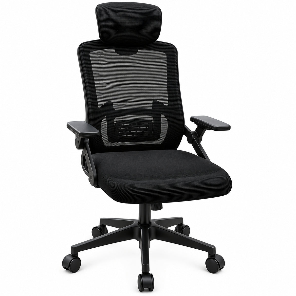 Silla de oficina ergonómica negra en malla con cabecero ajustable 59x92 cm