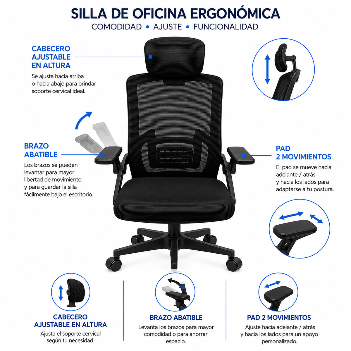 Silla de oficina ergonómica negra en malla con cabecero ajustable 59x92 cm