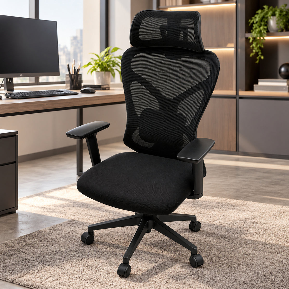 Silla de oficina ergonómica negra en malla con cabecero ajustable 65x120 cm
