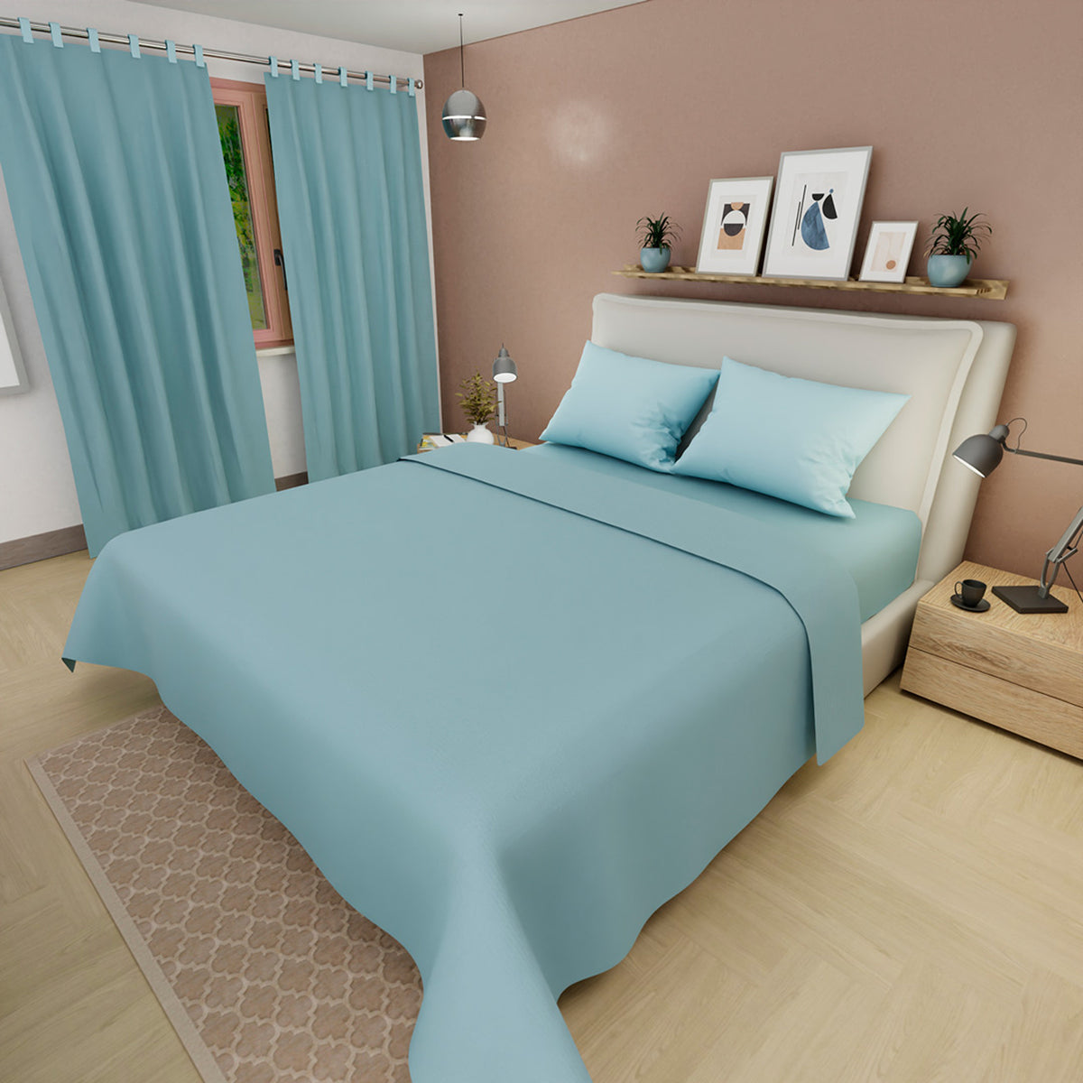 Juego de sábanas Confortable para cama doble azul claro con cortina en microfibra 140x190 cm