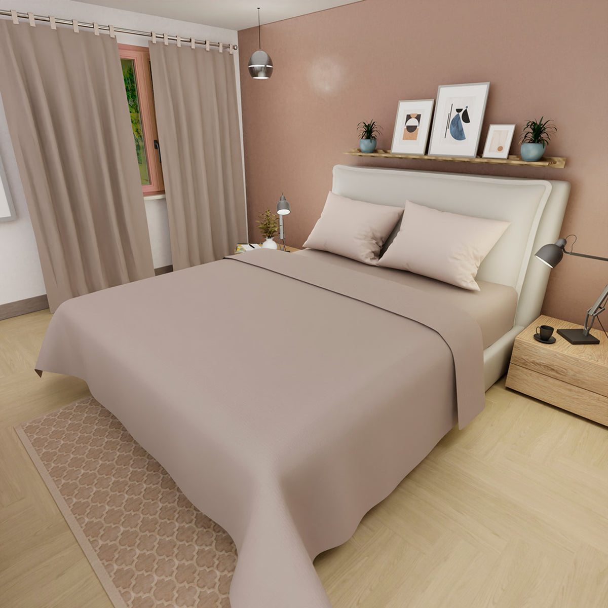 Juego de sábanas Confortable para cama doble beige con cortina en microfibra 140x190 cm