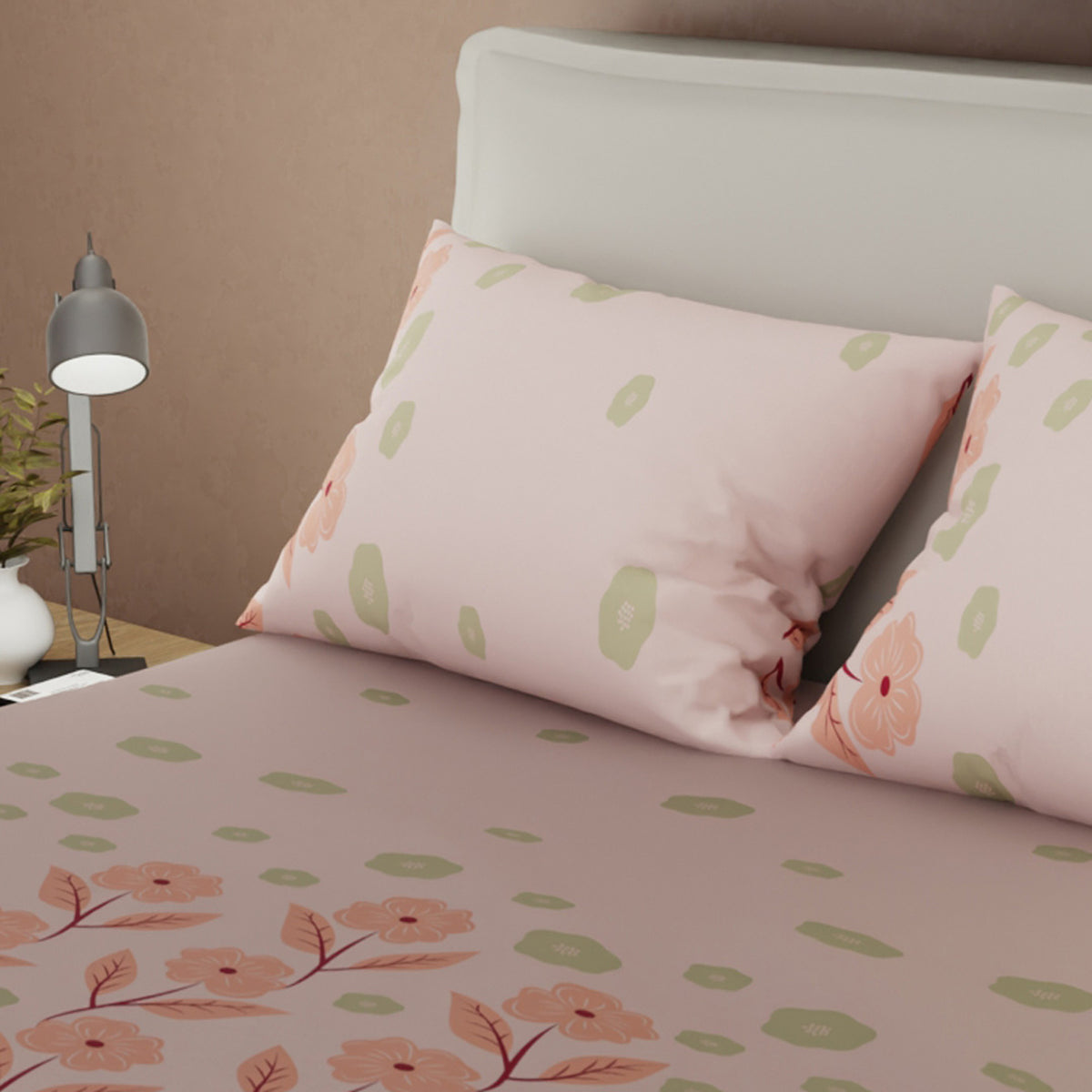 Juego de sábanas Dulce Primavera queen salmón y verde con cortina en microfibra 160x190 cm