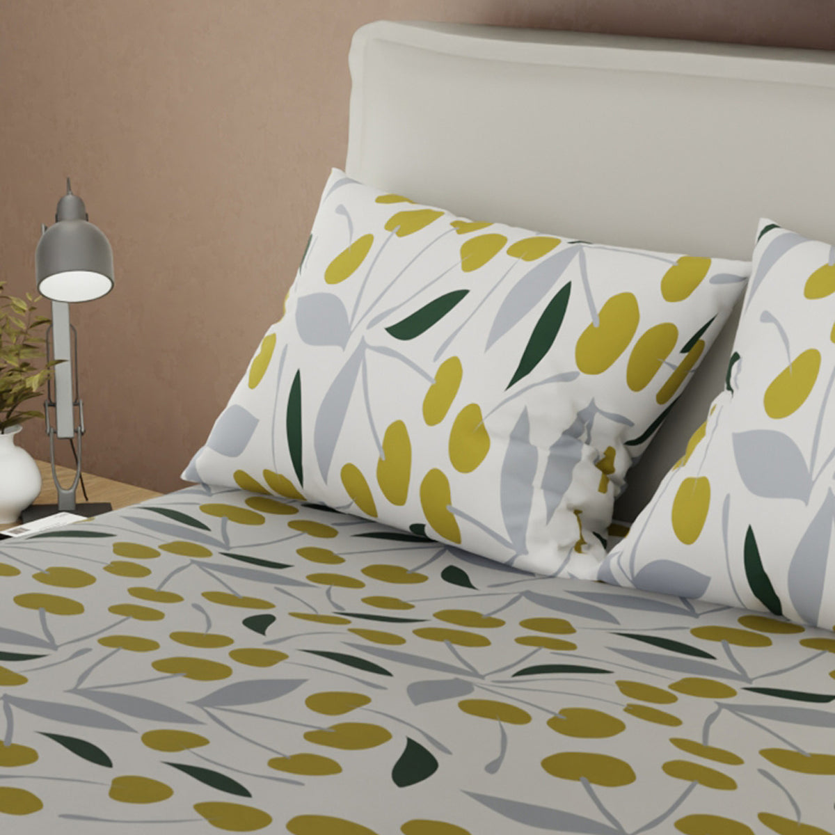Juego de sábanas Otoño queen dorado con cortina en microfibra 160x190 cm