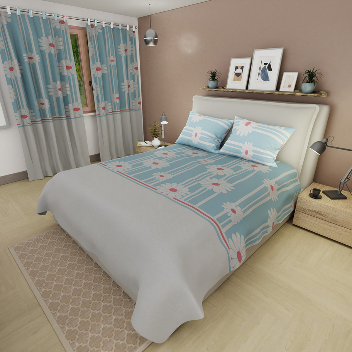 Juego de sábanas Día de Primavera queen azul y gris con cortina en microfibra 160x190 cm