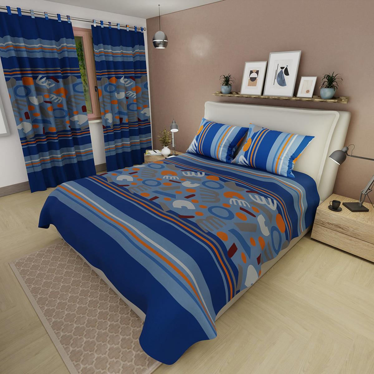 Juego de sábanas Cobalt Studio queen azul con cortina en microfibra 160x190 cm