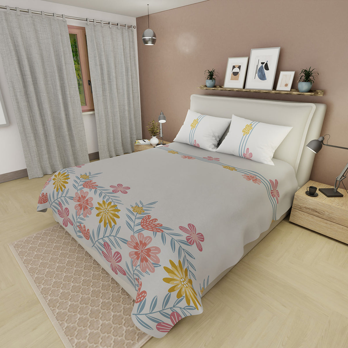 Juego de sábanas Sol de Mayo king gris claro estampado floral 200x200 cm 180 hilos