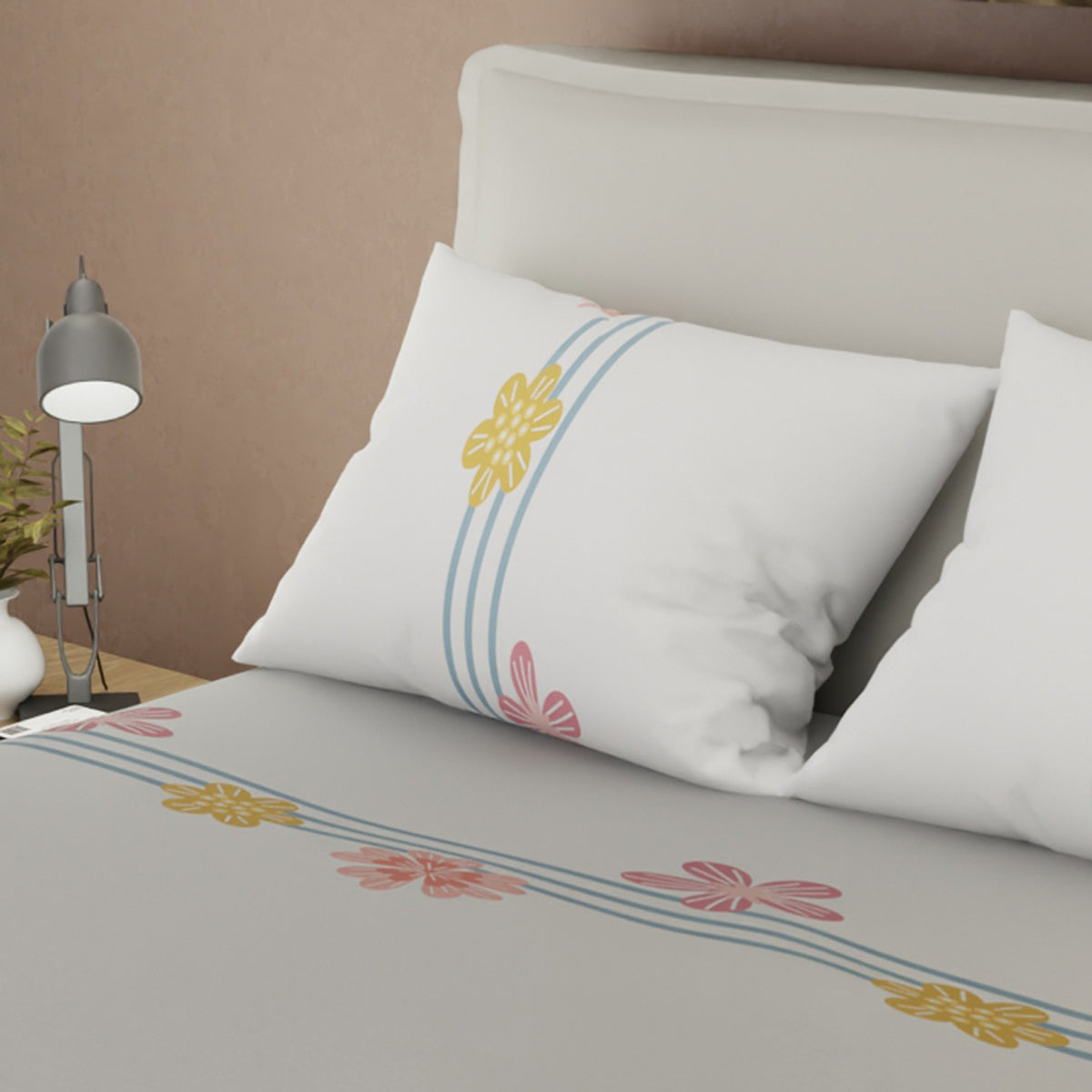 Juego de sábanas Sol de Mayo king gris claro estampado floral 200x200 cm 180 hilos