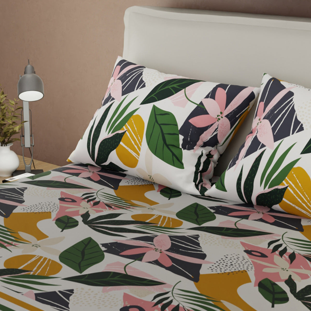Juego de sábanas Jungla queen beige claro en microfibra 160x190 cm