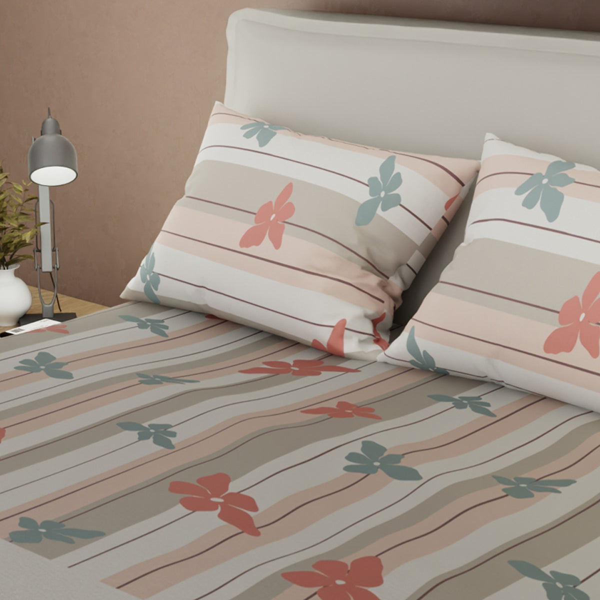 Juego de sábanas Franja Silvestre para cama doble gris claro y beige en microfibra 140x190 cm