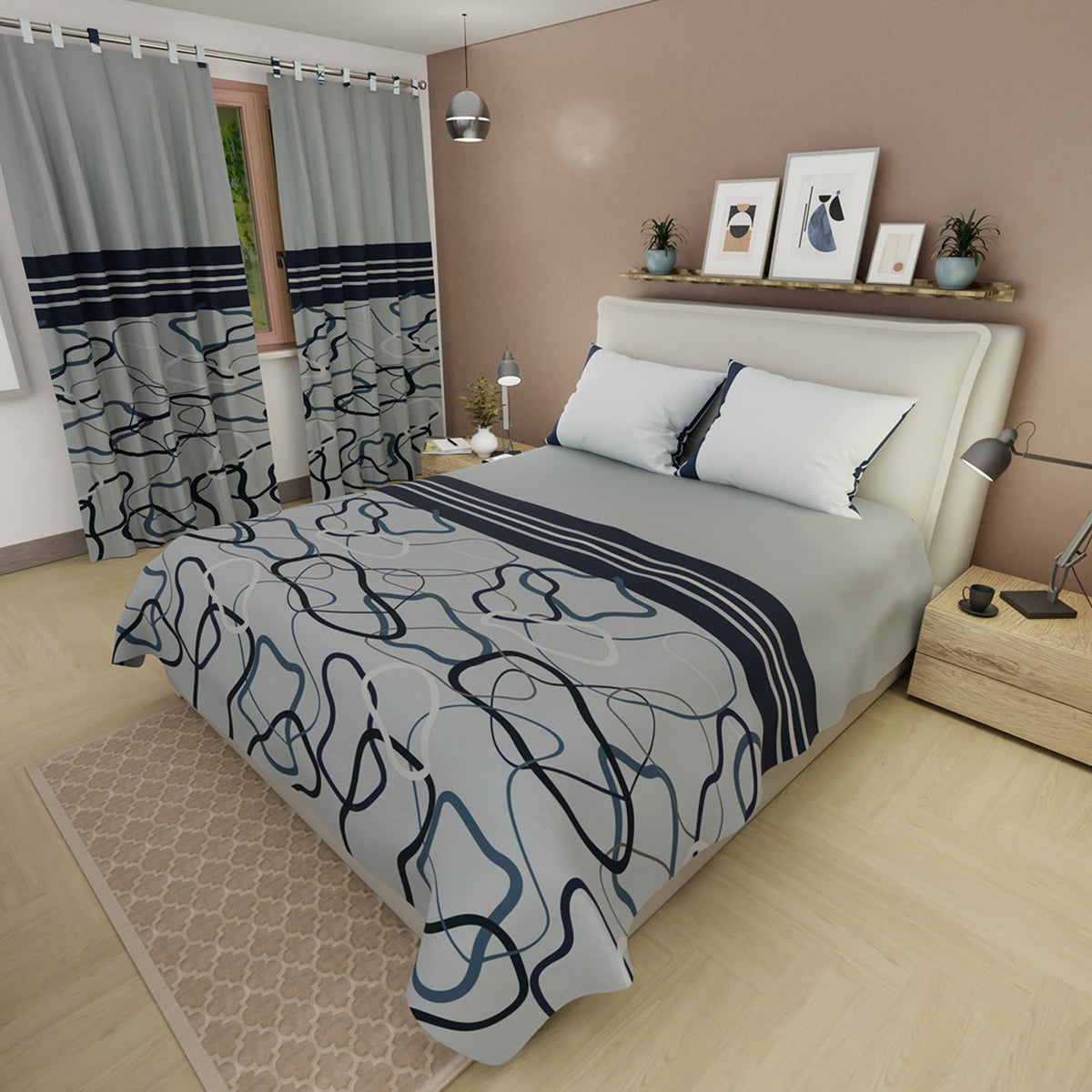 Juego de sábanas Vanguardia para cama doble gris y azul marino en microfibra 140x190 cm
