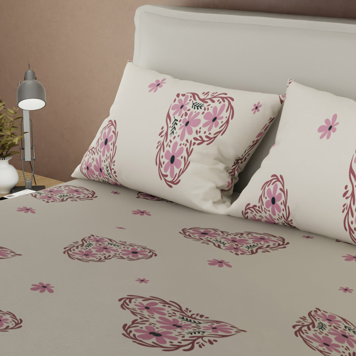 Juego de sábanas Corazón de Borgoña sencillo crema y burdeos en microfibra 100x190 cm