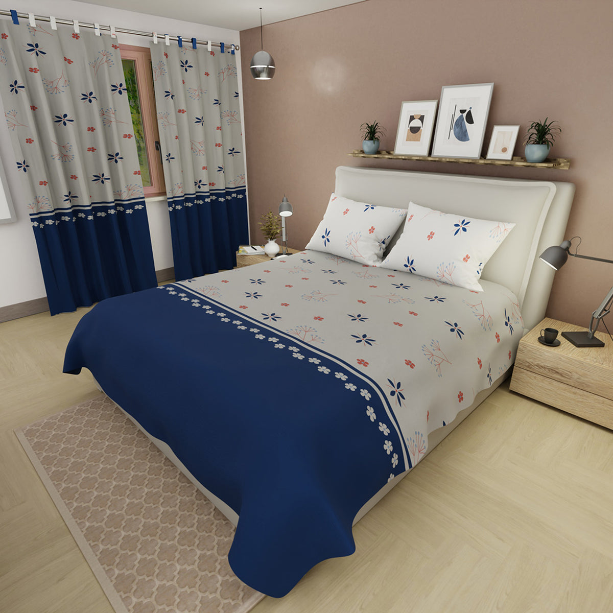 Juego de sábanas Pradera para cama doble gris y azul en microfibra 140x190 cm