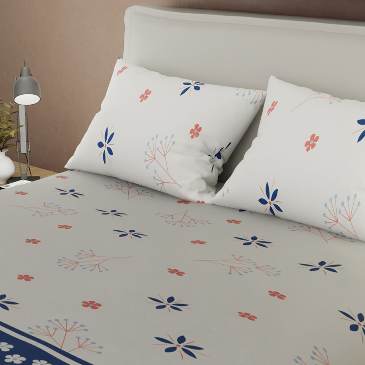 Juego de sábanas Pradera para cama doble gris y azul en microfibra 140x190 cm