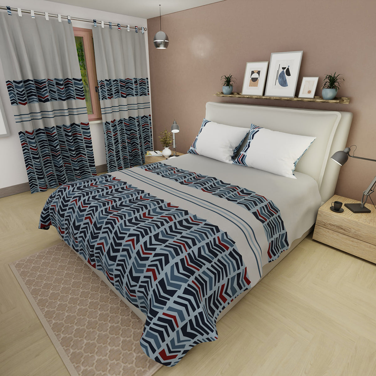 Juego de sábanas Vanguardia para cama doble gris claro y azul marino en microfibra 140x190 cm
