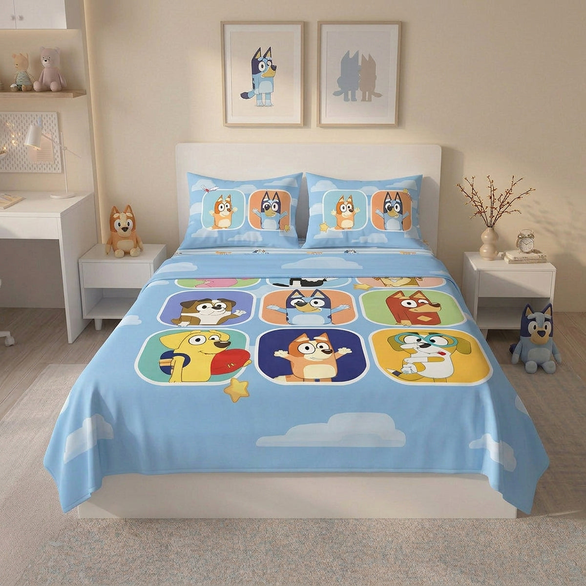 Juego de sábanas azul Bluey y Amigos semidoble 120x190 cm en microfibra