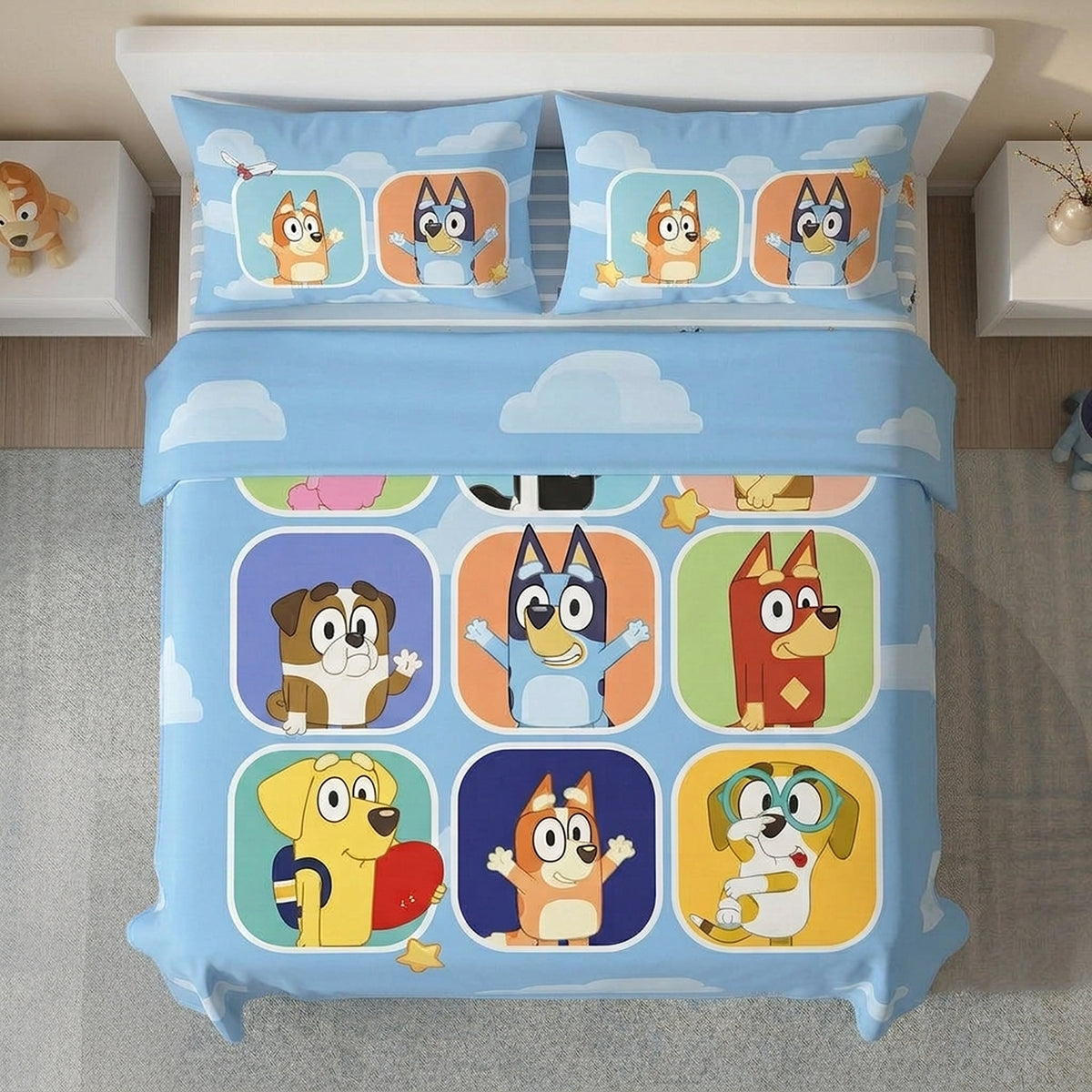 Juego de sábanas azul Bluey y Amigos para cama doble 140x190 cm en microfibra suavizada