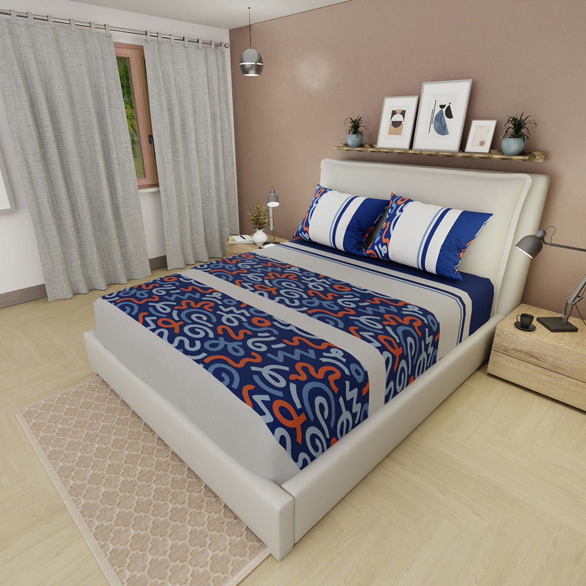 Sábana ajustable Neo Trazo para cama doble gris claro y azul marino en microfibra 140x190 cm