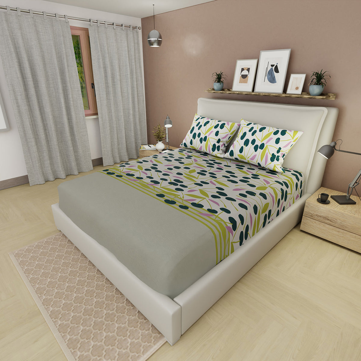 Sábana ajustable Viento Verde sencilla gris y verde estampada en microfibra 100x190 cm
