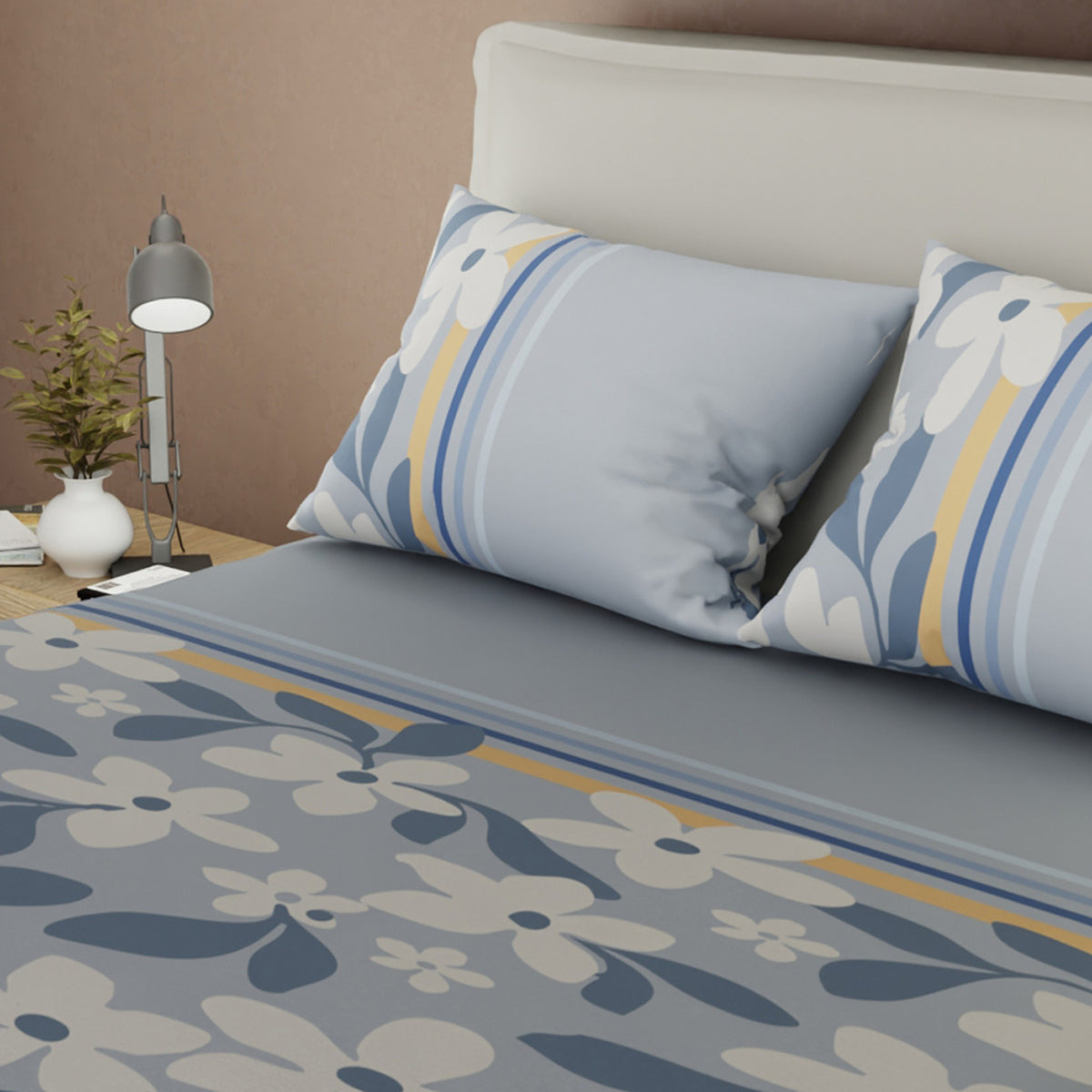 Sábana ajustable Soft Spring para cama doble estampada azul grisáceo en microfibra 140x190 cm