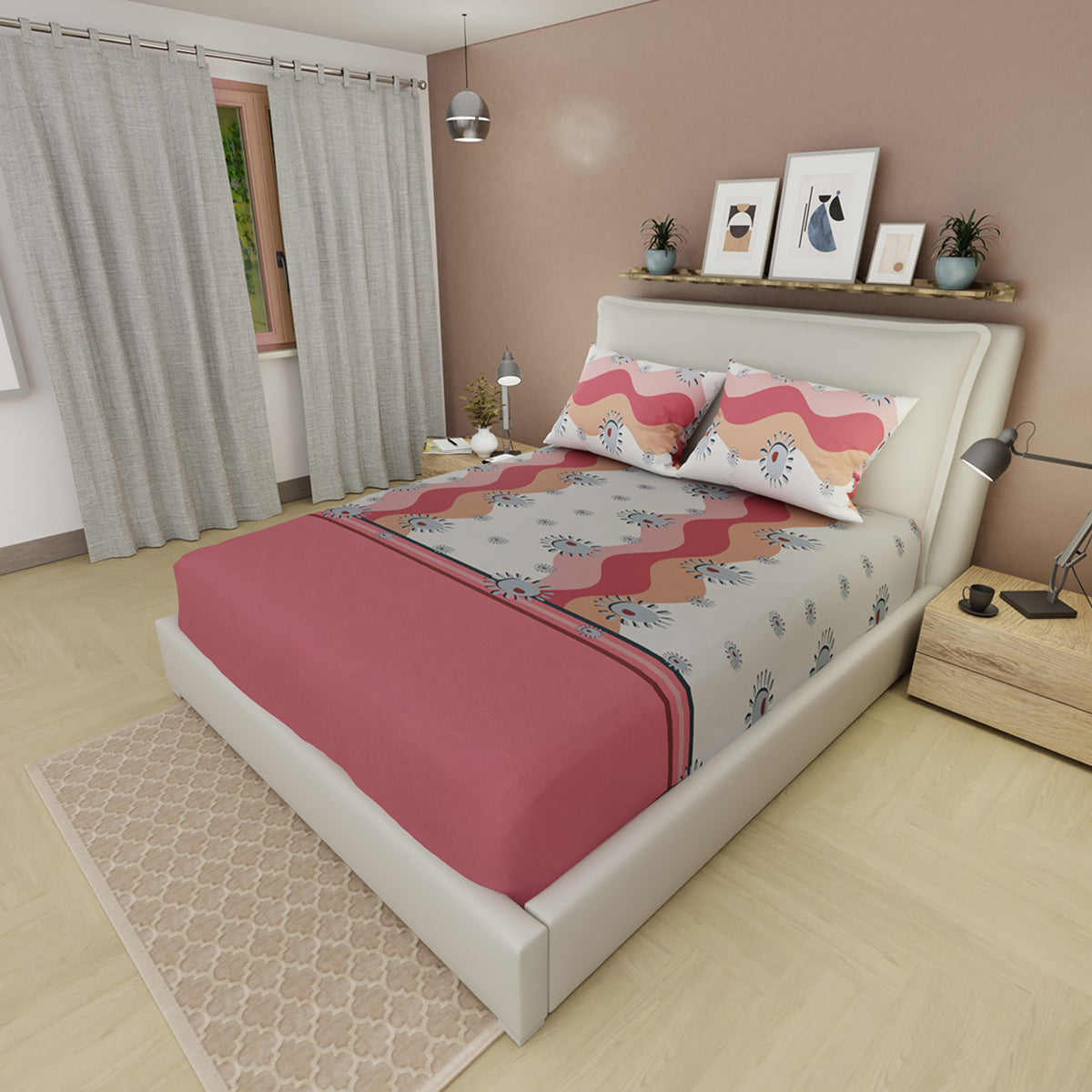 Sábana ajustable Onda Retro para cama doble coral y gris en microfibra 140x190 cm con elástico