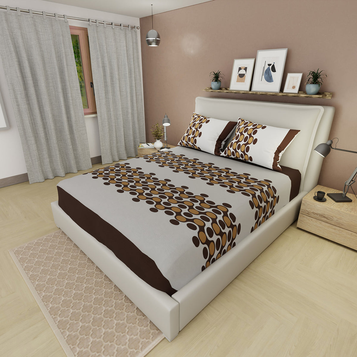 Sábana ajustable Esferas Moca para cama doble café en microfibra 140x190 cm con fundas