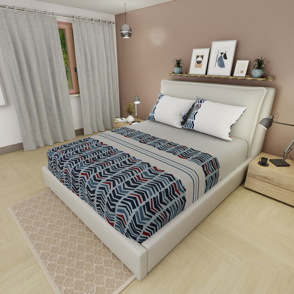 Sábana ajustable Vanguardia para cama doble gris y azul en microfibra 140x190 cm con fundas