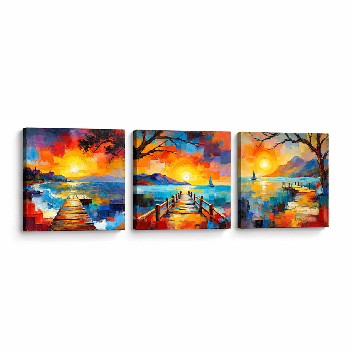 Lienzo Impreso Tríptico Cuadros Atardecer en la Playa Estilo Pintura 34x34cm cu