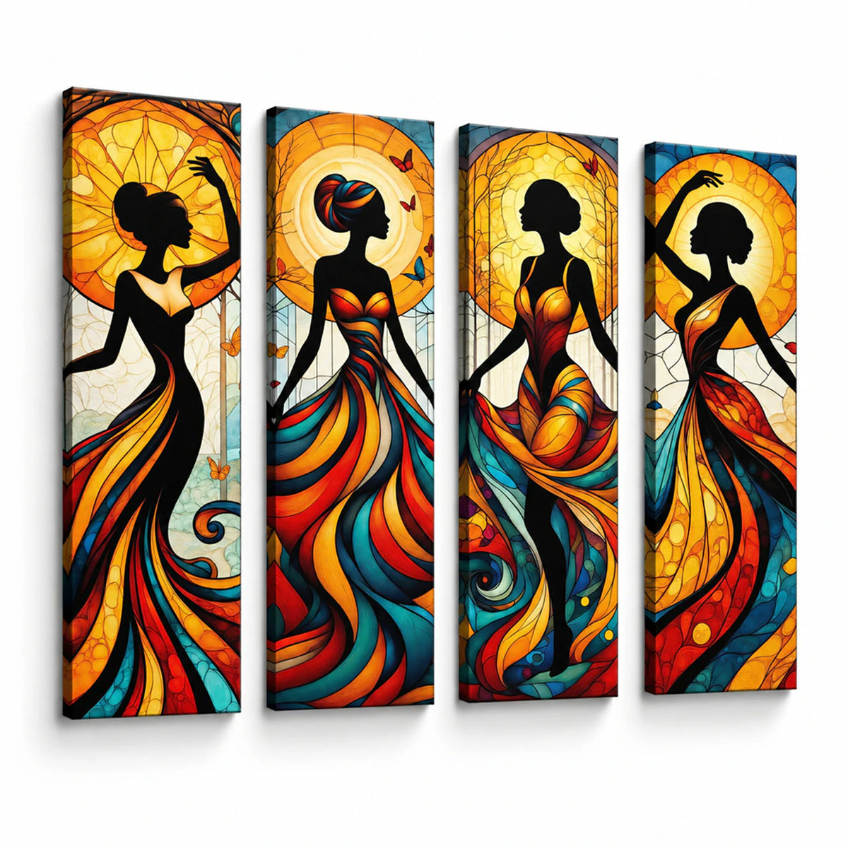 Lienzo Set 4 Cuadros Decorativos Siluetas Femeninas Arte Vitral 18x60cm cu