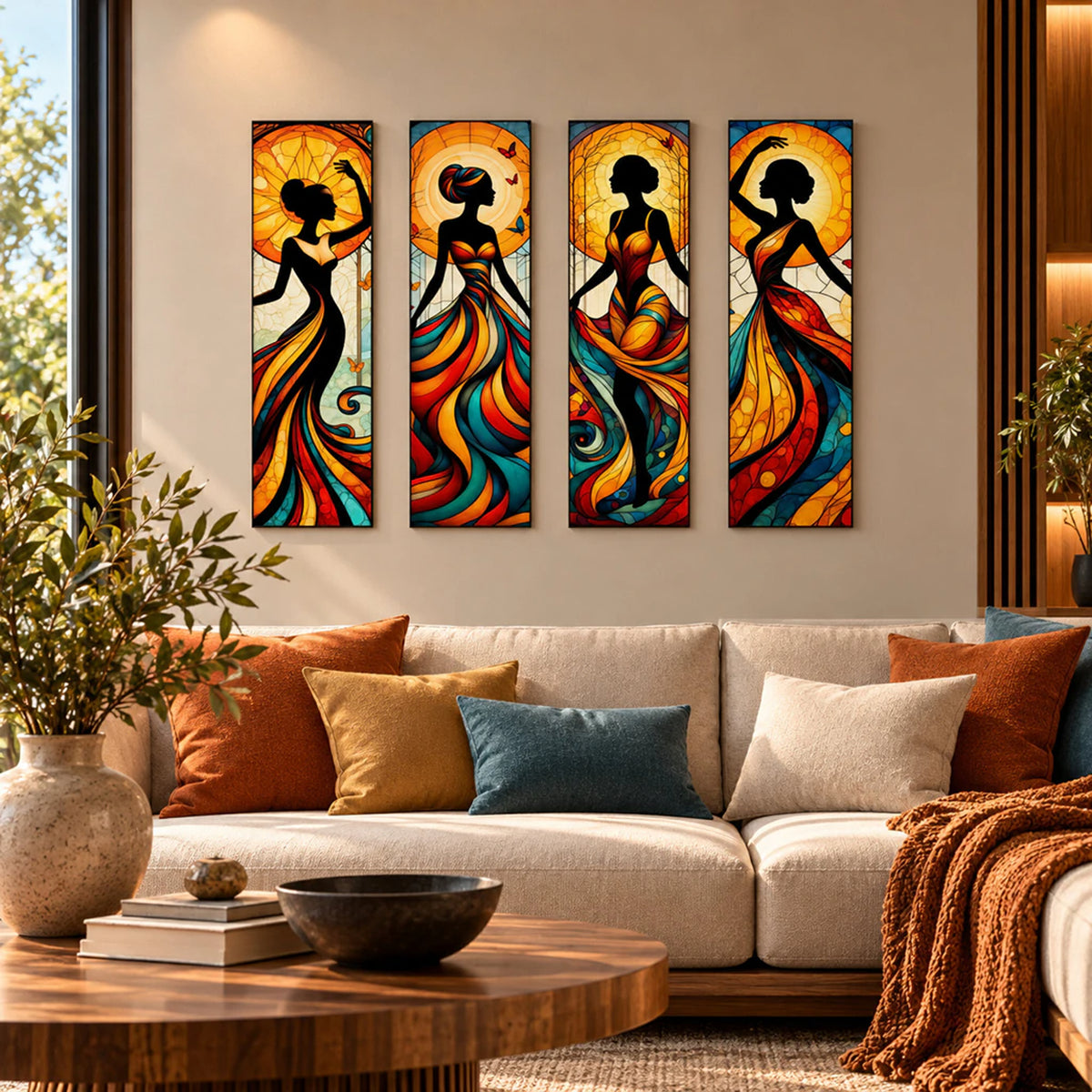 Lienzo Set 4 Cuadros Decorativos Siluetas Femeninas Arte Vitral 18x60cm cu
