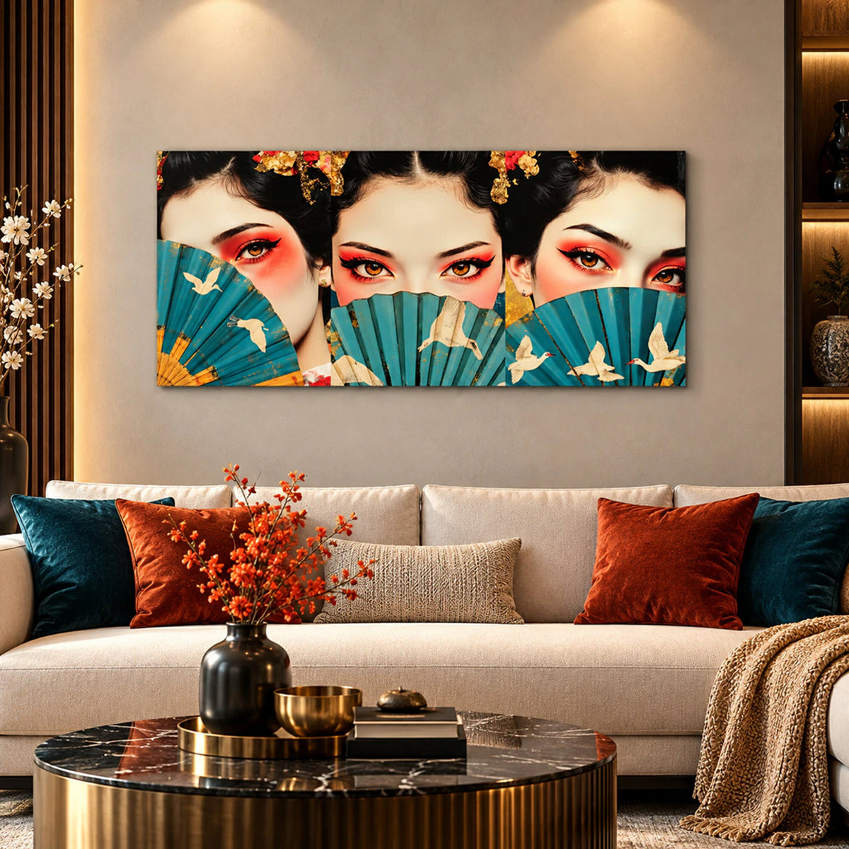 Lienzo Cuadro Decorativo Miradas Cultura Oriental Geishas 34x72cm