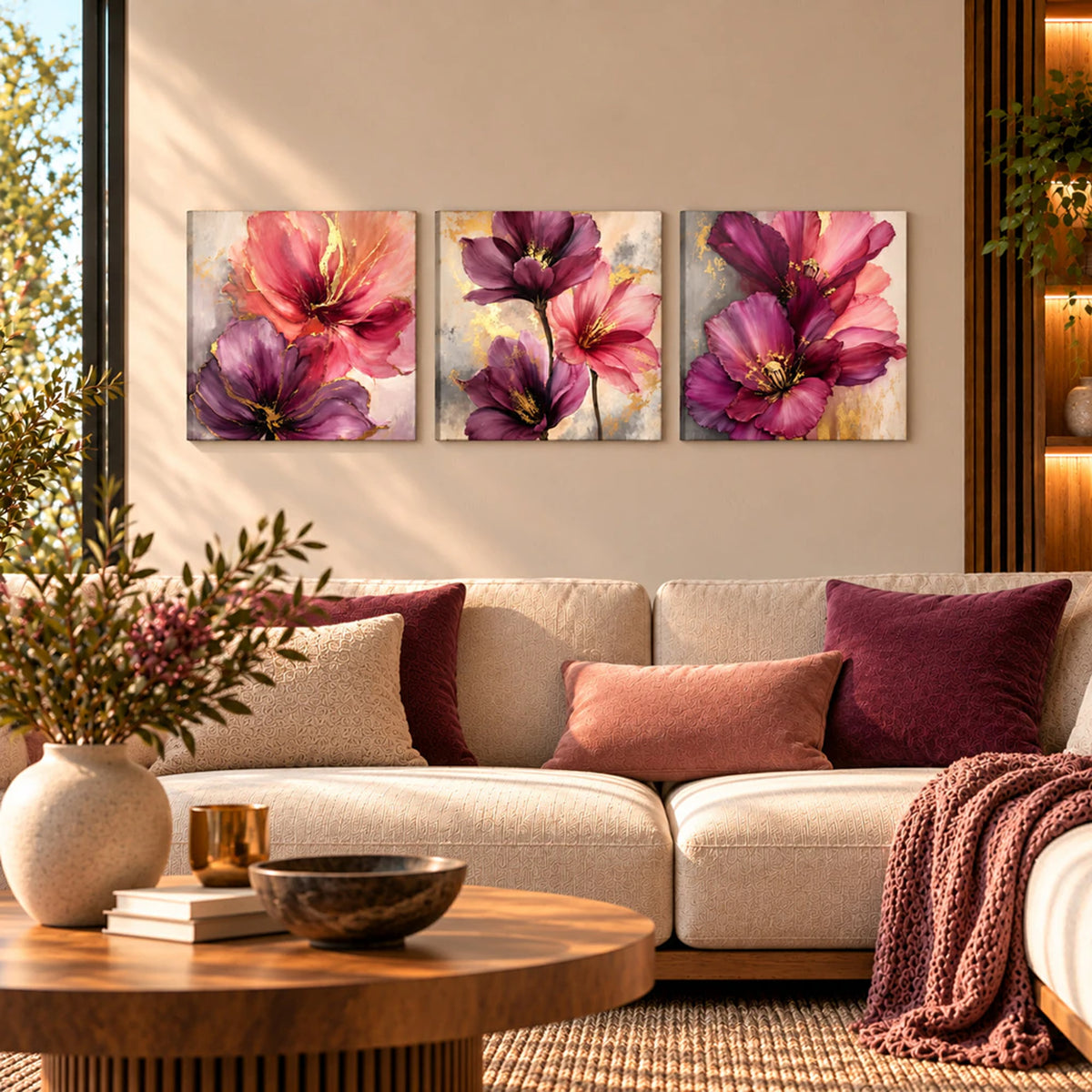 Lienzo Tríptico Cuadros Decorativos Magnolias Pastel Arte Acuarela 34x34cm cu