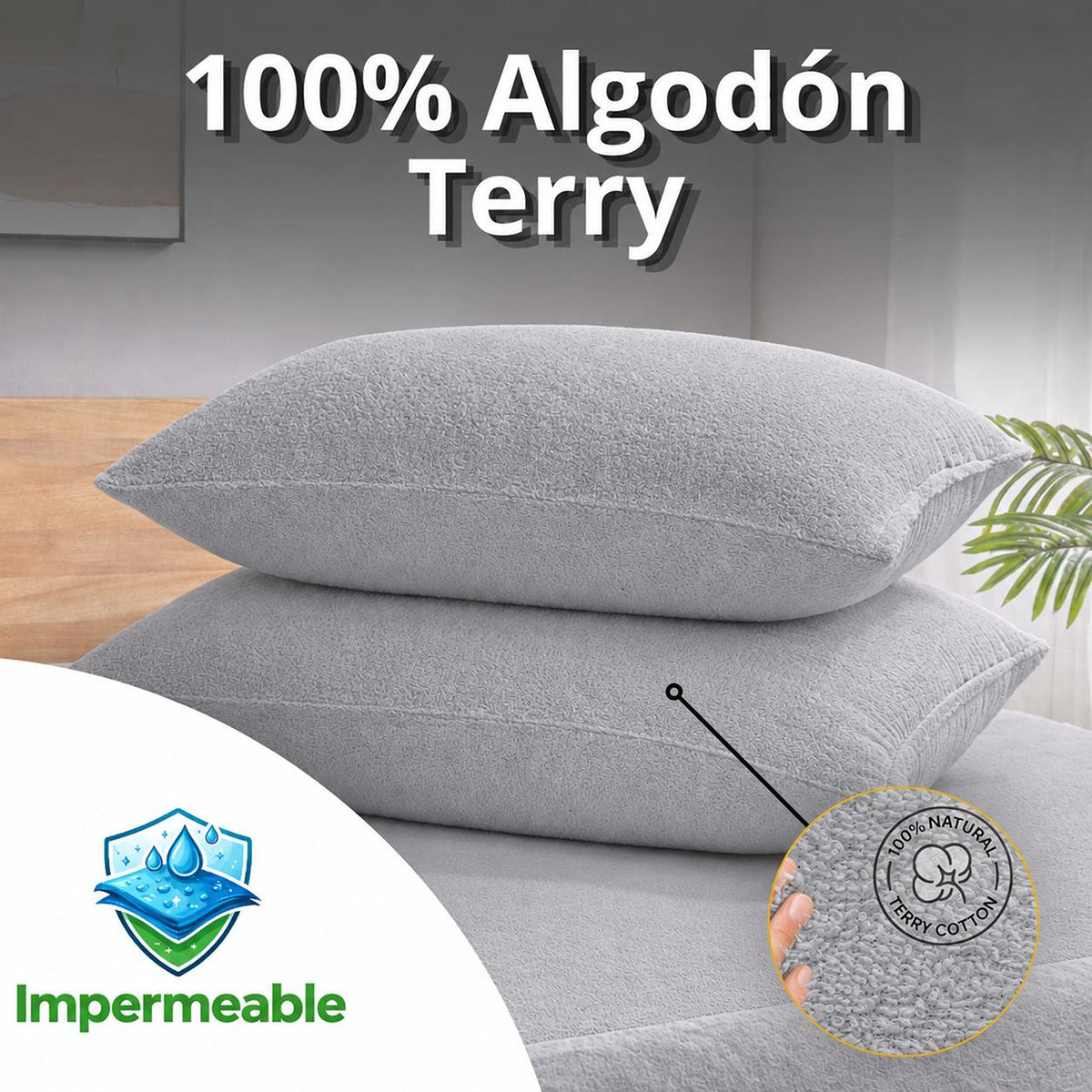 Set x2 protectores de almohada Terry gris impermeables 70x50 cm de algodón
