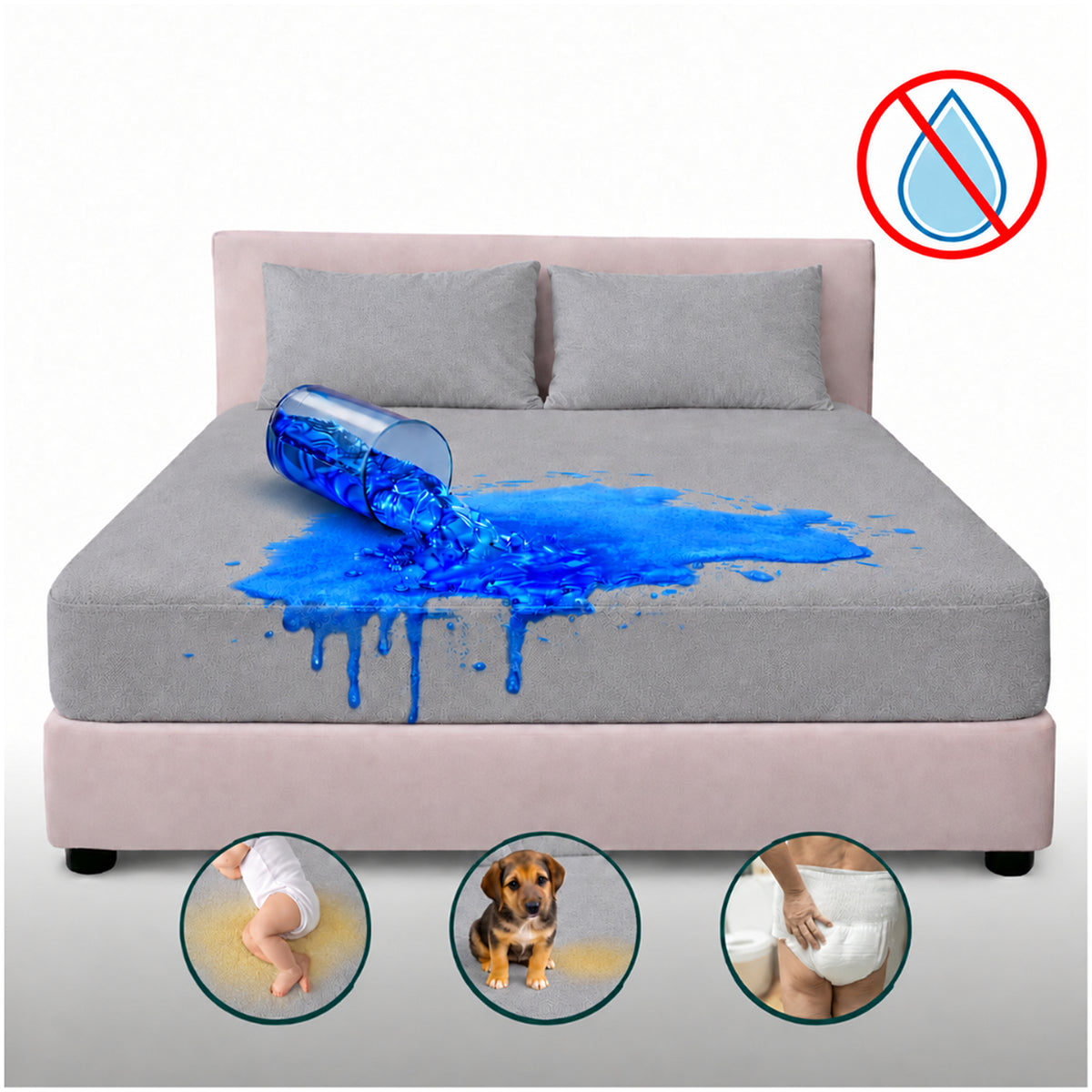 Combo protector de colchón semidoble gris impermeable 120x190 cm con 2 protectores de almohada