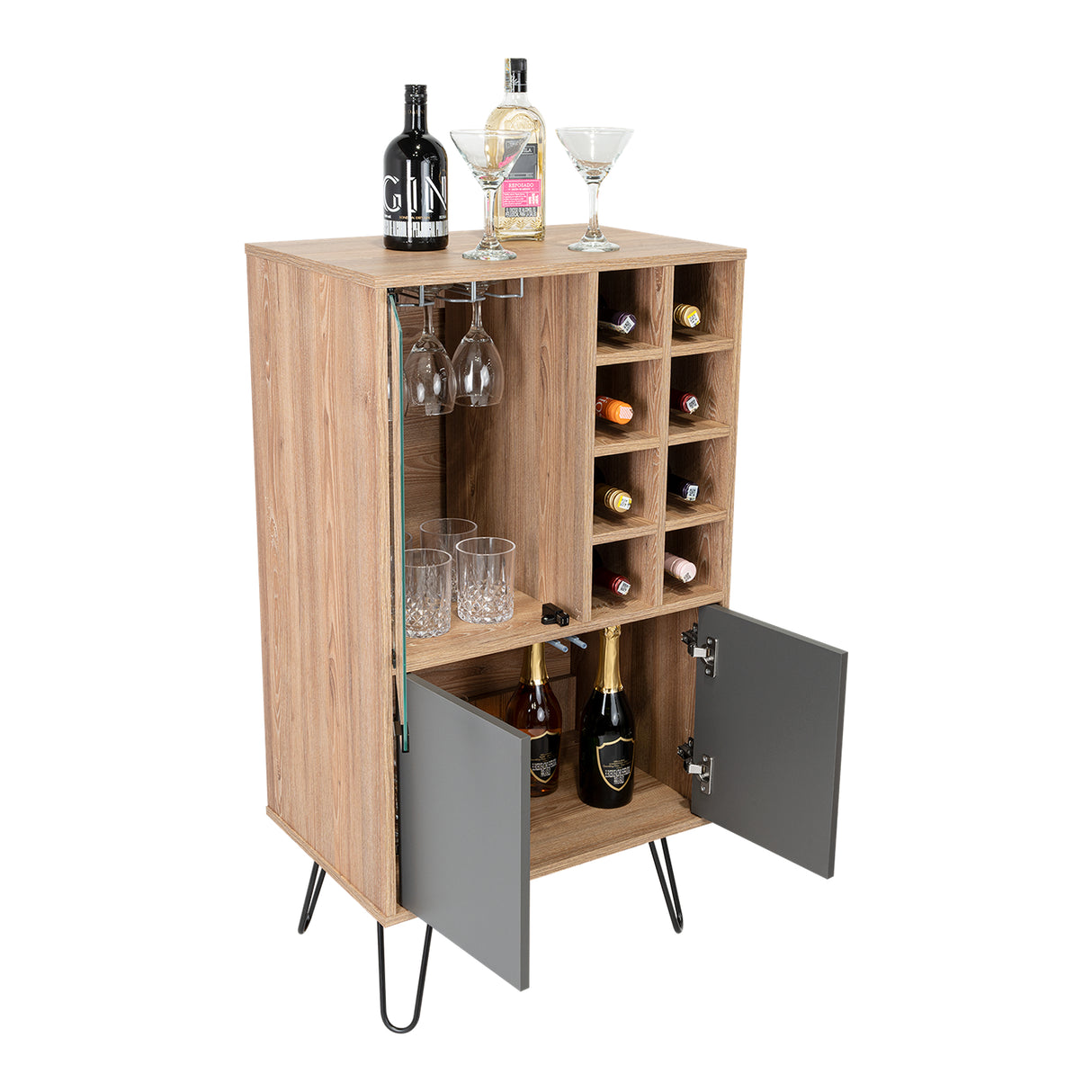 Bar Vassel Miel y Plomo 59.6x109.4cm con Dos Compartimientos con Tres Portacopas y con Ocho Portabotellas - Bares | Bylmo
